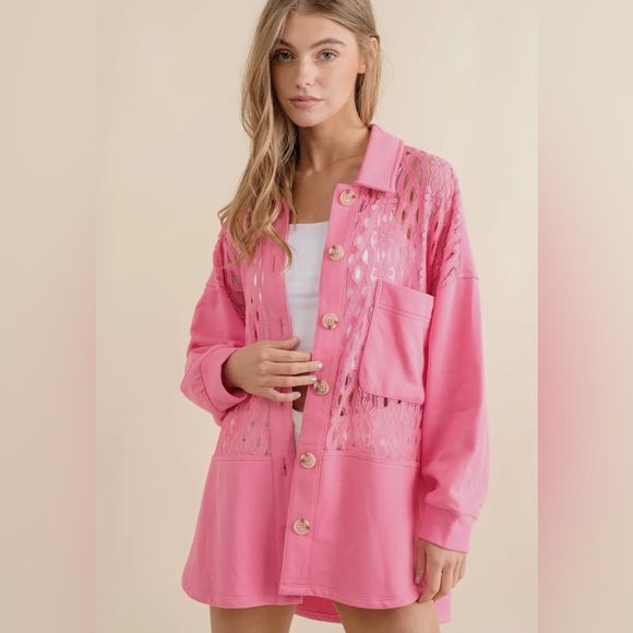 blue b Tops - NEW blue b Hot Pink Floral Lace Contrast French Terry Oversized Shirt Jacket S